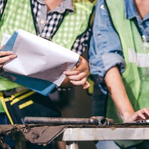 Factory worker team working on industrial project at a factory